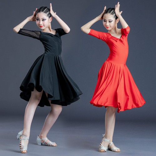 Girls black red Latin dance clothes chacha  latin dresses Children standard dance regulations ballroom dance dresses